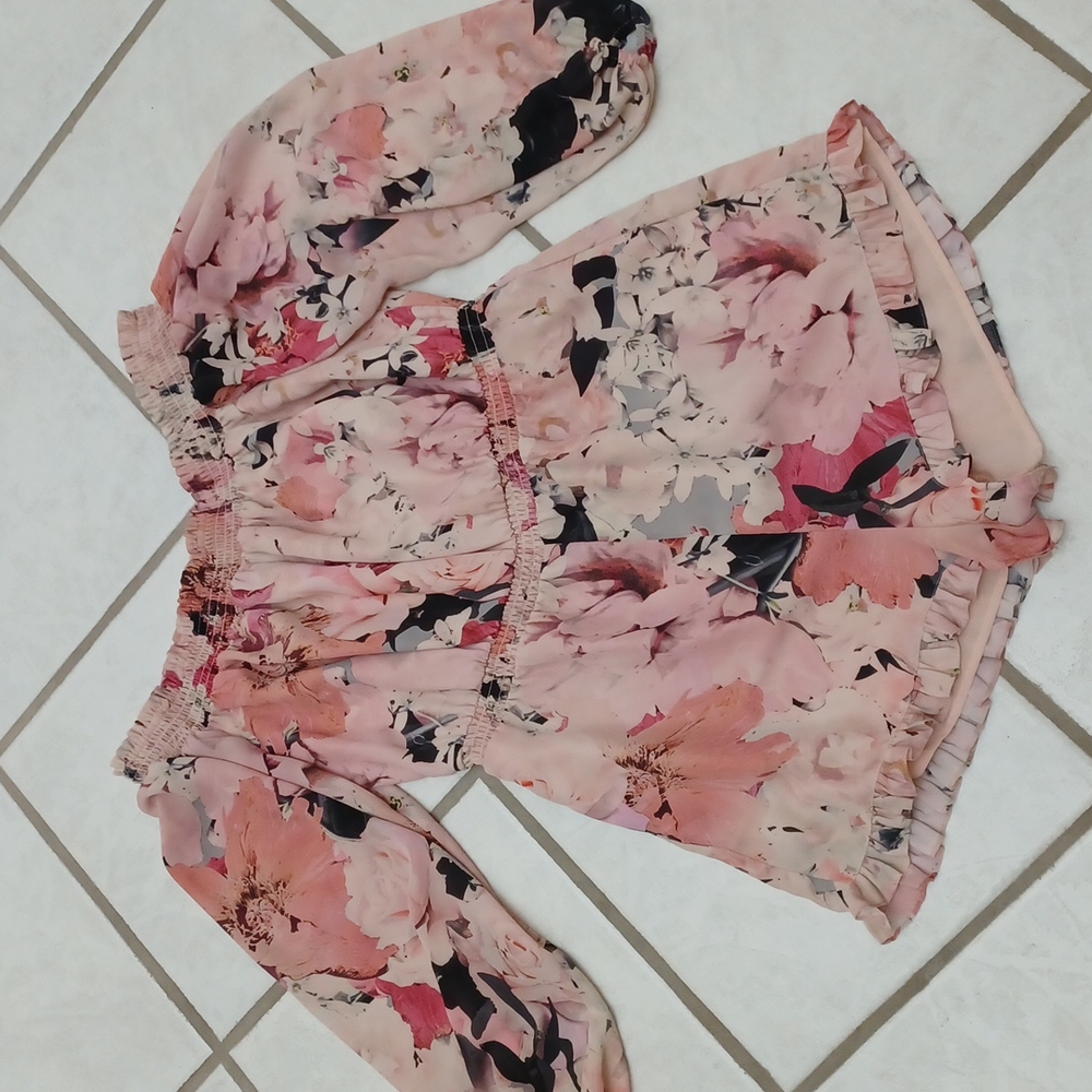 Bebe floral pink off shoulder romper jumpsuit sz L